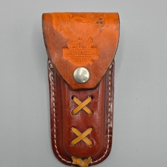 Harley-Davidson Brown and Orange Leather Bag with Cross-Stitch Design - Picture 10 of 17